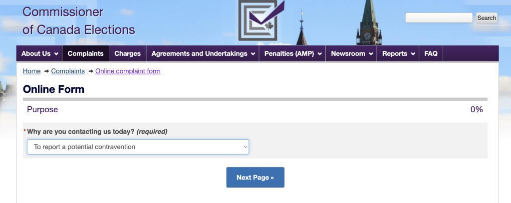 An image of the online complaint form with the heading: Commissioner of Canada Elections - Online Form, with a progress bar set at 0%. It displays the question: "Why are you contacting us today? (required)" . The selected option from the drop-down menu diplays: "To report a potential contravention".